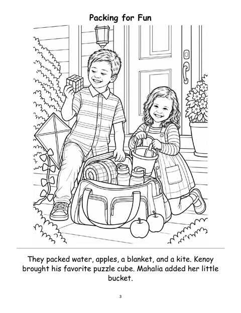 Page 3: Packing for Fun. Kenoy holds his puzzle cube while Mahalia carries her bucket